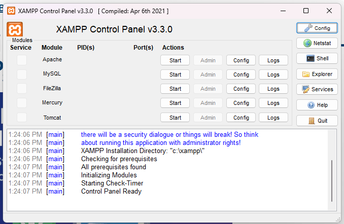 XAMPP Control Panel, with Apache and MySQL modules
